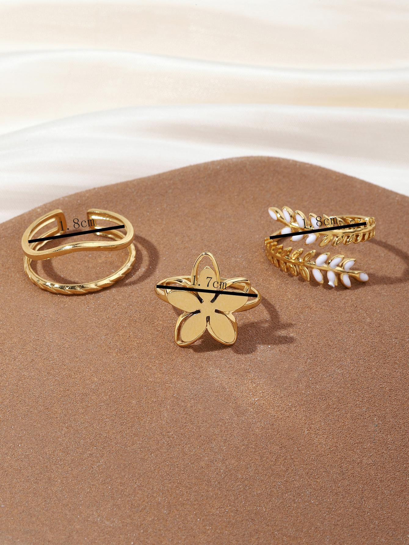 Golden ring set, yellow color, stainless steel, wheat, ears, leaves / flower, basic style, ladies, 3 pieces