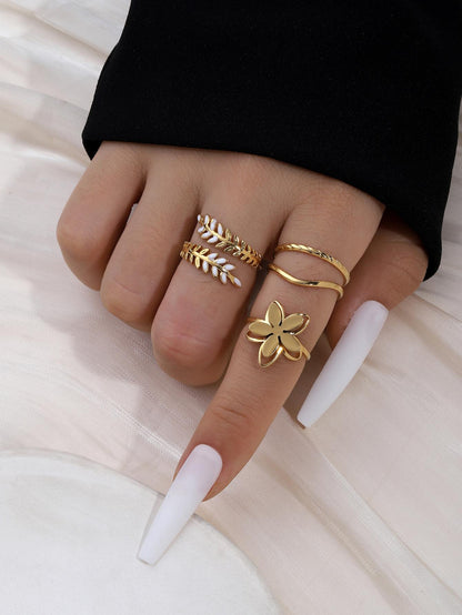 Golden ring set, yellow color, stainless steel, wheat, ears, leaves / flower, basic style, ladies, 3 pieces