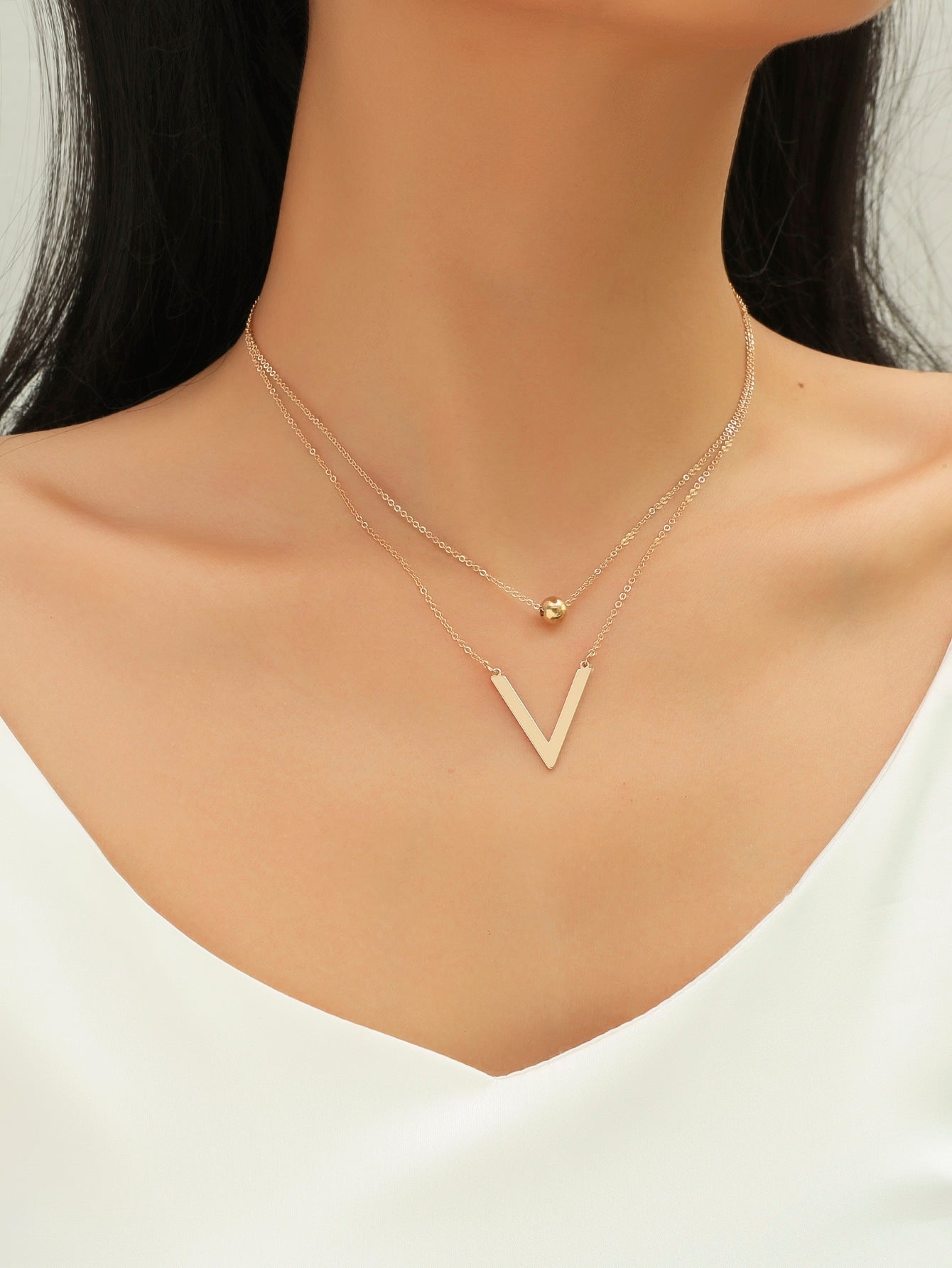 Fashion Layered Necklace Stainless Steel Letter & Bead Pendant for Women Daily Decoration 1pc