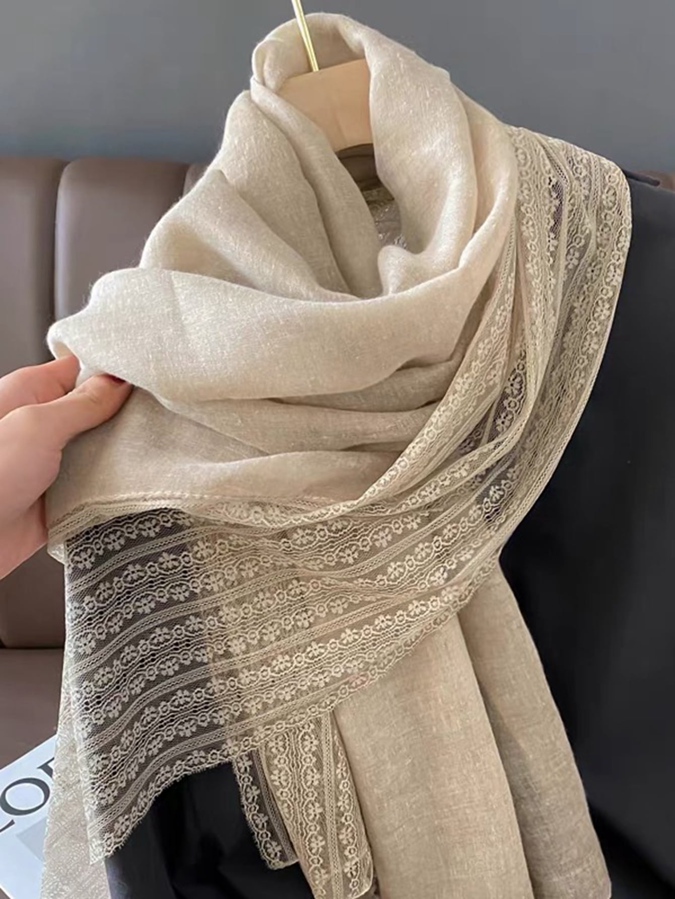 Gorgeous women's scarf with lace edge in plain color