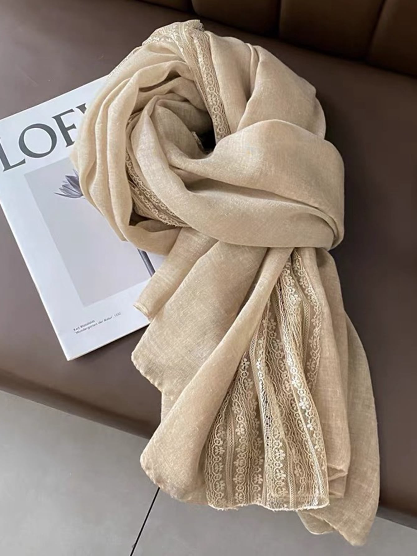 Gorgeous women's scarf with lace edge in plain color