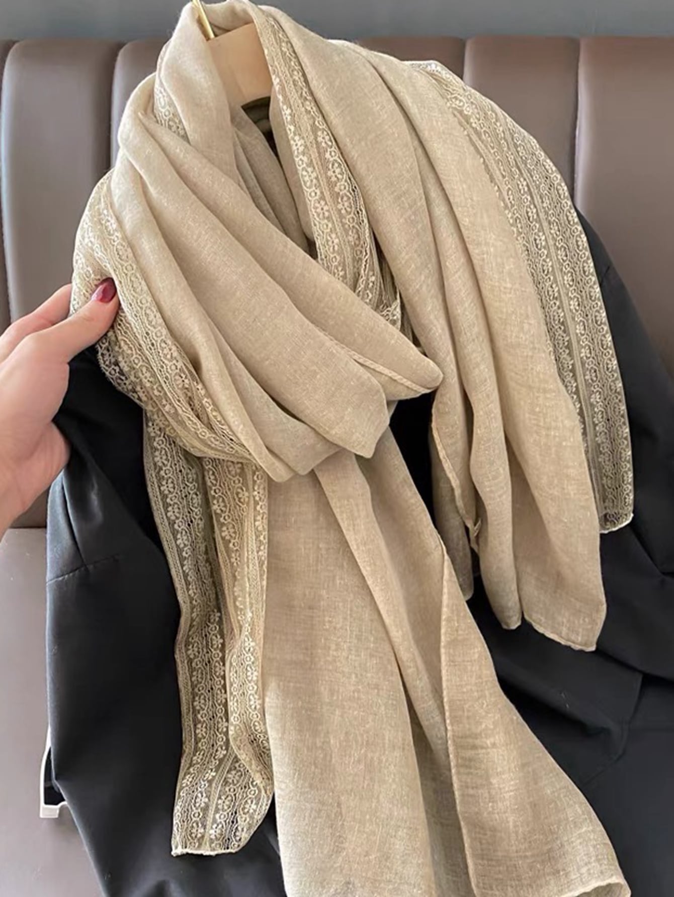 Gorgeous women's scarf with lace edge in plain color