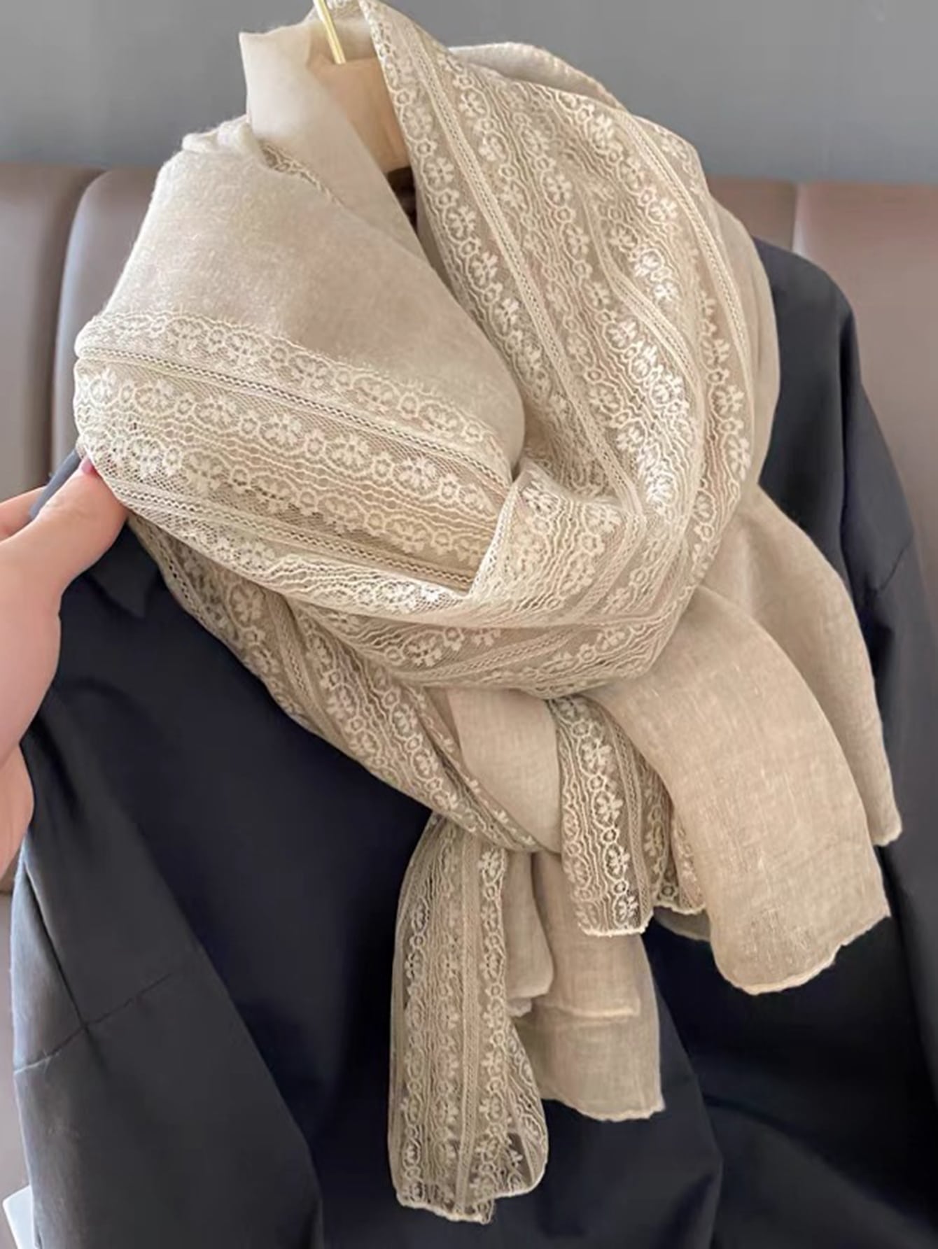 Gorgeous women's scarf with lace edge in plain color