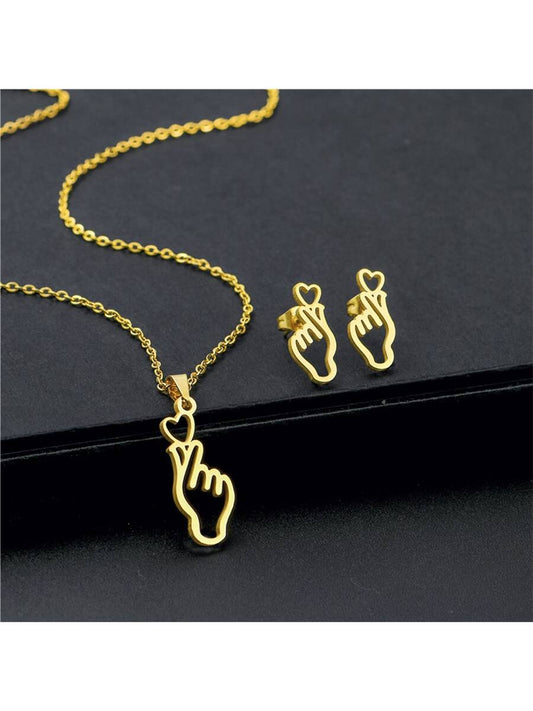 Stainless Steel Finger Heart Necklace and Earring Minimalist European and American Style Daily Wear Women 3pcs/set