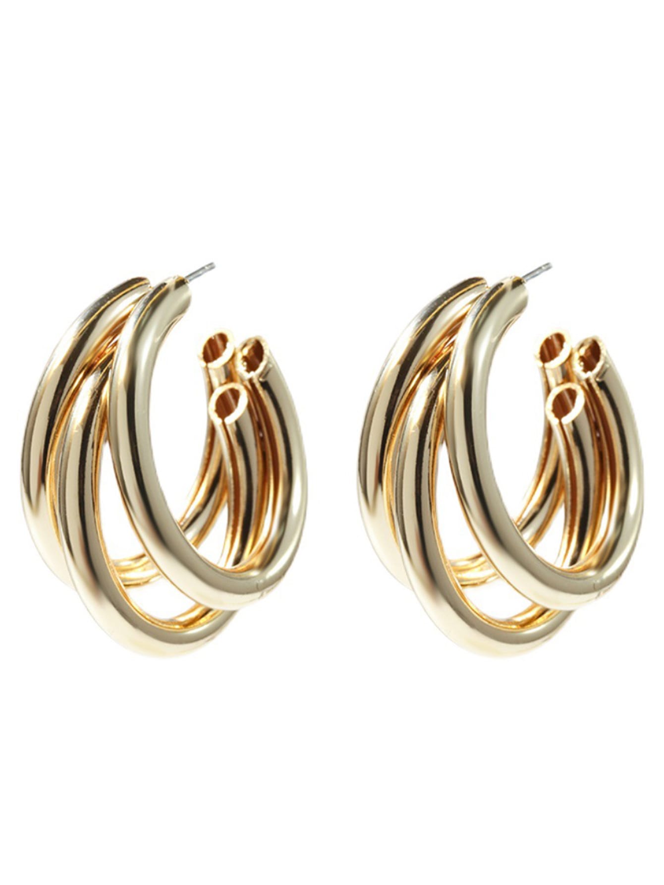 Hoop Earrings Basic Style Luxury 18K Stainless Steel Gold Plated Triple Line Hollow Cut Suitable for Women Daily Wear One Pair