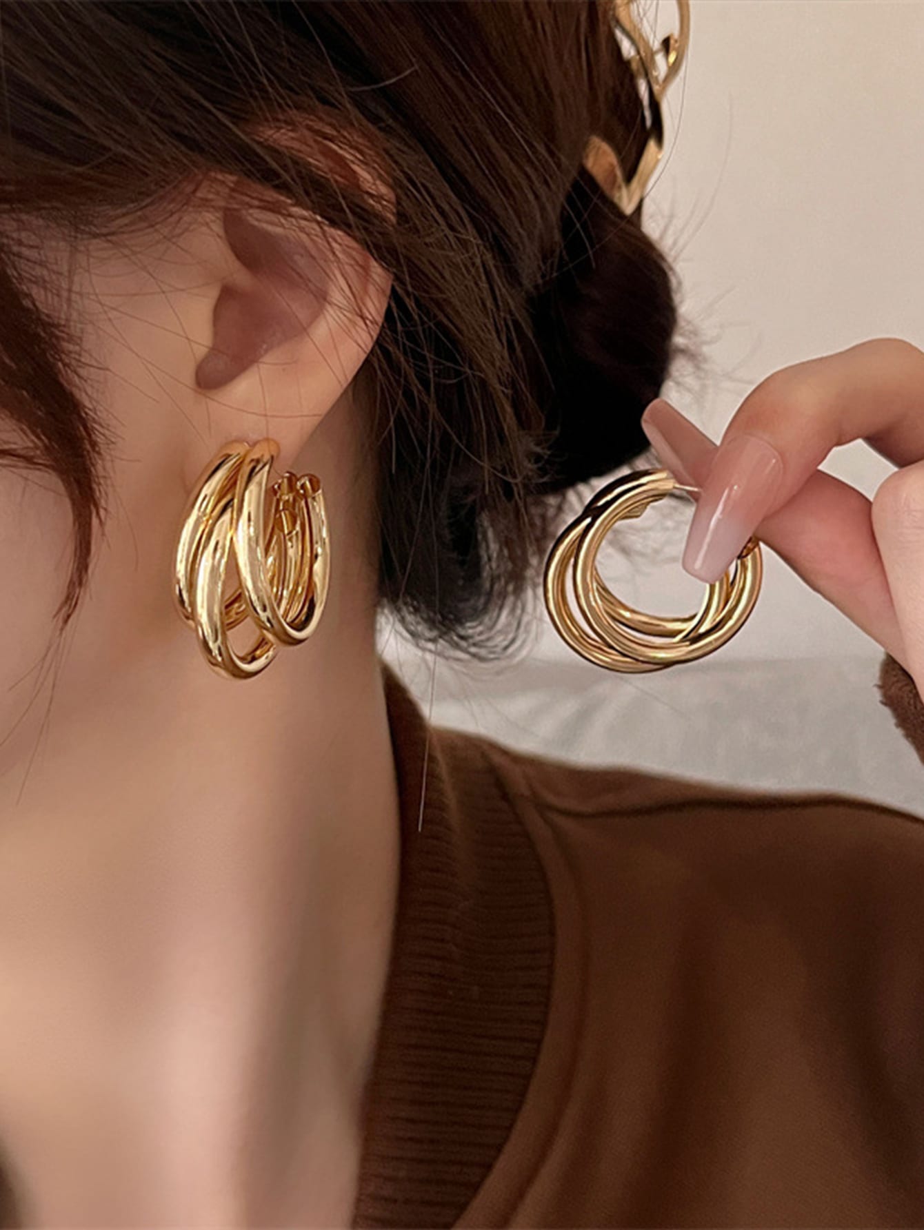 Hoop Earrings Basic Style Luxury 18K Stainless Steel Gold Plated Triple Line Hollow Cut Suitable for Women Daily Wear One Pair
