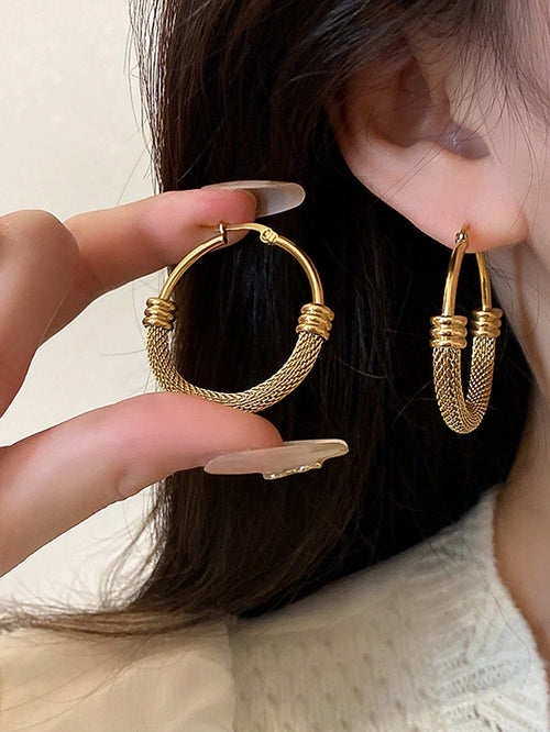 1 Pair Stainless Steel Hoop Earrings for Women with Geometric Metal Pendant, Fashion Jewelry Gift