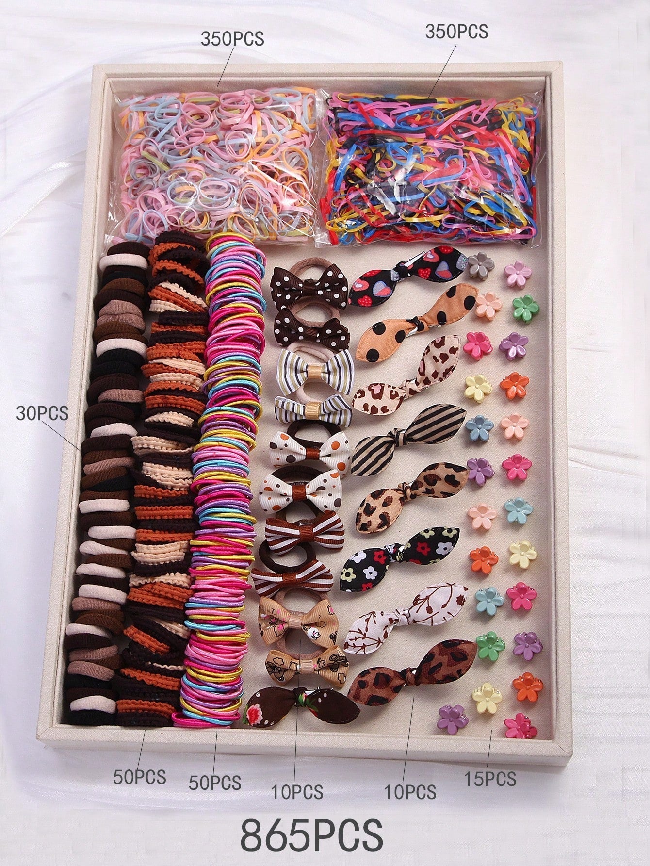 865 Piece Hair Accessories Set, Assorted Caramel Color Hair Clips and Ties for Girls, Comes in a Bag