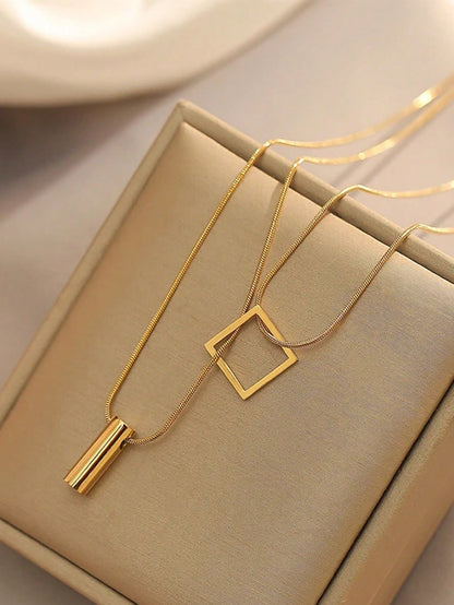 Gold Color Stainless Steel Double Pendant Necklace, 2023 Fashion Women Party Jewelry, Non-Fade Accessories Gifts for Girls