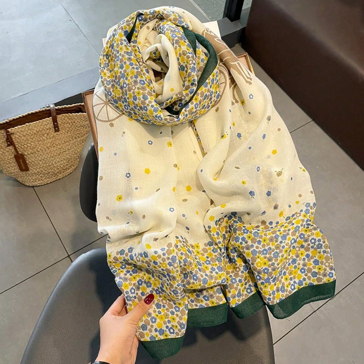 Delicate silk scarf featuring a small floral print, elegant and soft design, suitable for travel, beach, sun protection and daily wear decoration for women