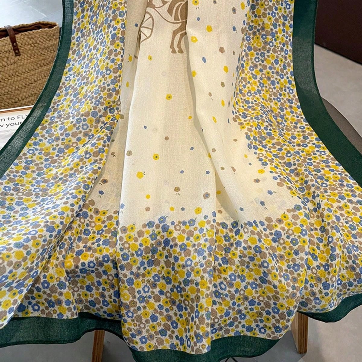 Delicate silk scarf featuring a small floral print, elegant and soft design, suitable for travel, beach, sun protection and daily wear decoration for women
