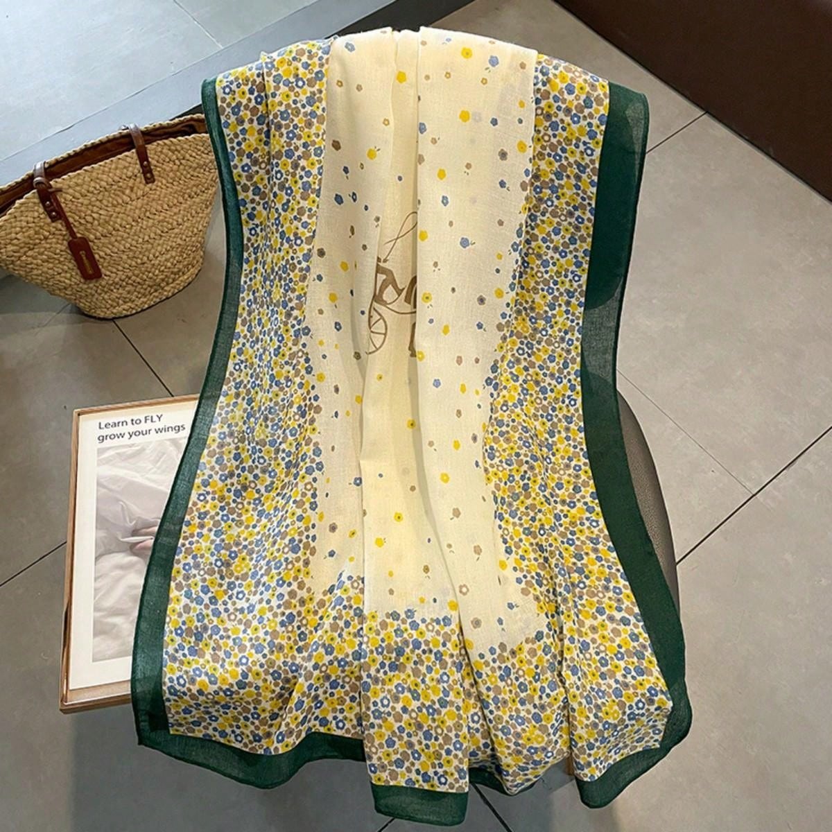 Delicate silk scarf featuring a small floral print, elegant and soft design, suitable for travel, beach, sun protection and daily wear decoration for women