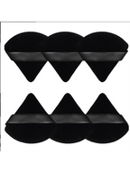 Set of 6 double-sided black velvet triangle powder puffs for use with light powder, compact powder, and airbrush foundation.