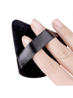 Set of 6 double-sided black velvet triangle powder puffs for use with light powder, compact powder, and airbrush foundation.