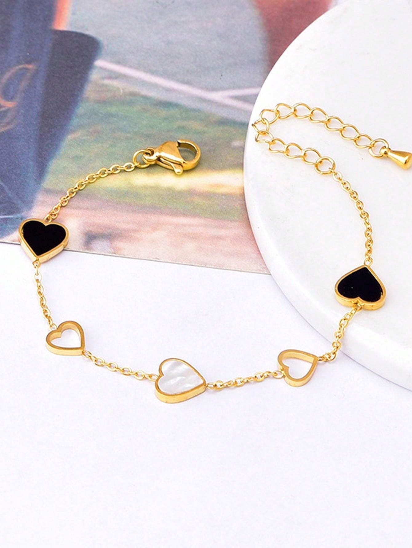 1pc Fashion Stainless Steel Black White Hollow Heart Design Bracelet for Women Minimalist Style, Suitable for Daily Wear