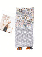 Fashionable long scarf with soft texture printed with geometric pattern and knotted hem, suitable for daily outdoor wear to protect from wind and sun in all seasons