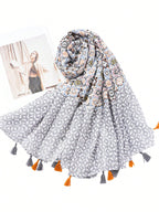 Fashionable long scarf with soft texture printed with geometric pattern and knotted hem, suitable for daily outdoor wear to protect from wind and sun in all seasons