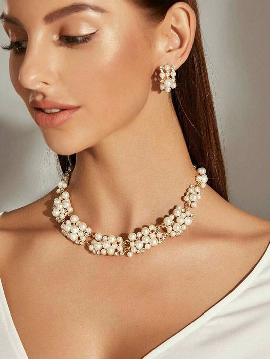 Luxurious Zircon and Artificial Pearl Dome Necklace Jewelry Set 3 Pieces: Necklace and Stud Earrings Suitable for Formal and Wedding