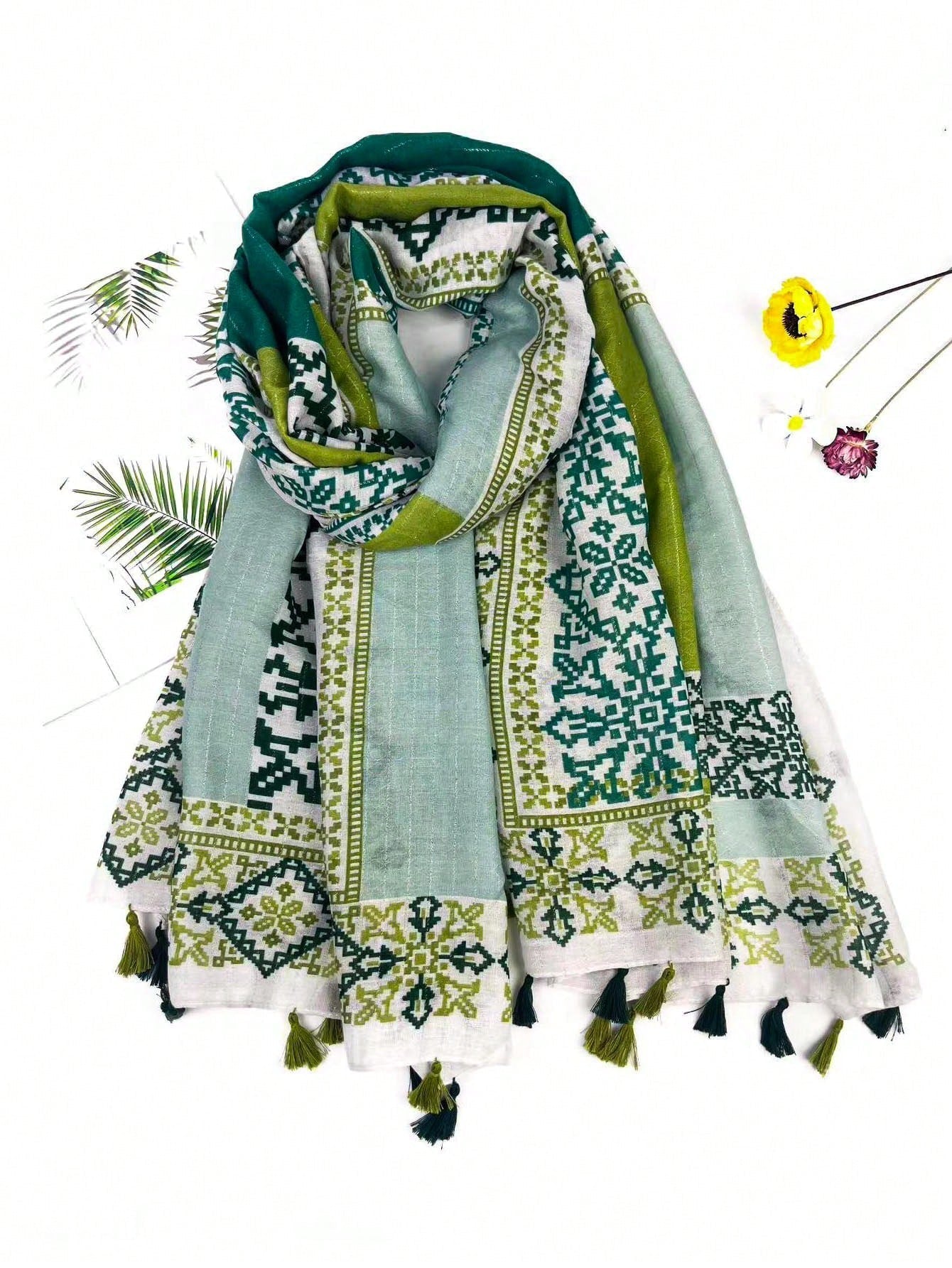 Vintage Bohemian Long Scarf with Silver Knit and Tassels for Women Spring Summer Soft Holiday Scarf