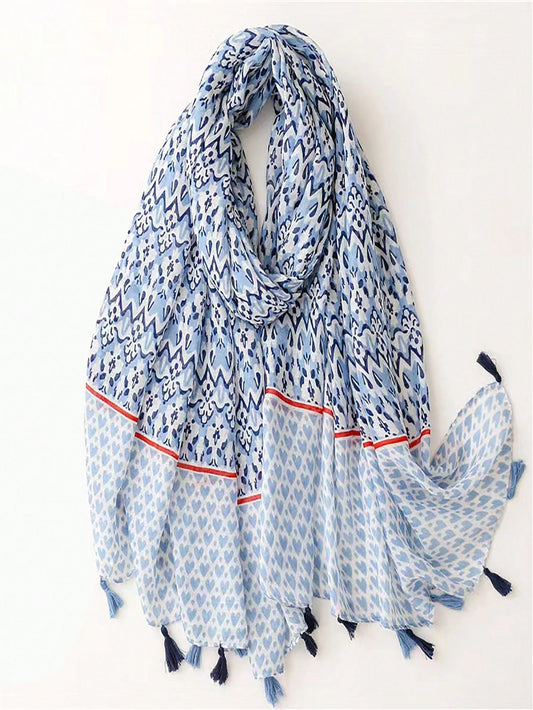 Women's Thin Balinese Print Scarf with Tassel Edges, Beach Towel, Shawl, Perfect for Daily Use Blue