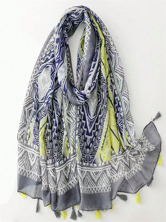 Women's Thin Balinese Print Scarf with Tassel Edges, Beach Towel, Shawl, Perfect for Everyday Use Gray