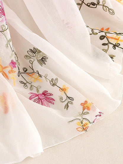 Spring/Summer Elegant Thin Embroidery Floral Pattern Scarf/Shawl for Sun Protection, Daily Wear and Photography White