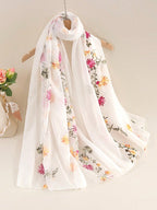 Elegant Spring/Summer Floral Embroidery Delicate Scarf/Shawl for Sun Protection, Daily Wear, Photography White