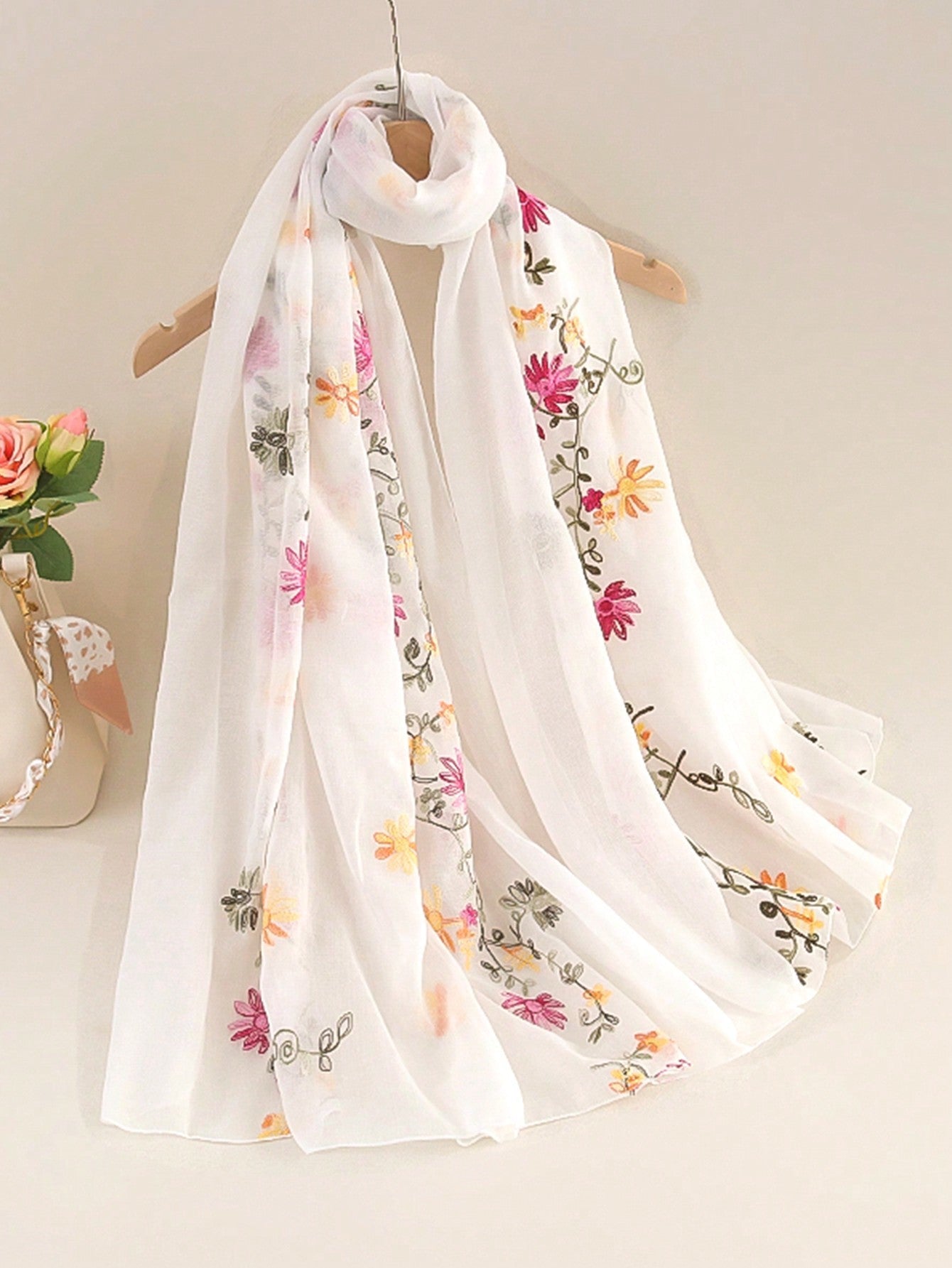 Elegant Spring/Summer Floral Embroidery Delicate Scarf/Shawl for Sun Protection, Daily Wear, Photography White