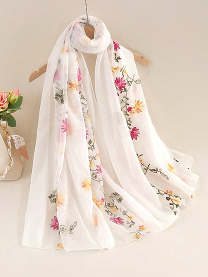 Spring/Summer Elegant Thin Embroidery Floral Pattern Scarf/Shawl for Sun Protection, Daily Wear and Photography White