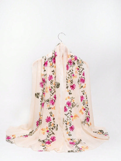 Spring/Summer Elegant Thin Embroidery Floral Pattern Scarf/Shawl for Sun Protection, Daily Wear and Photography Beige