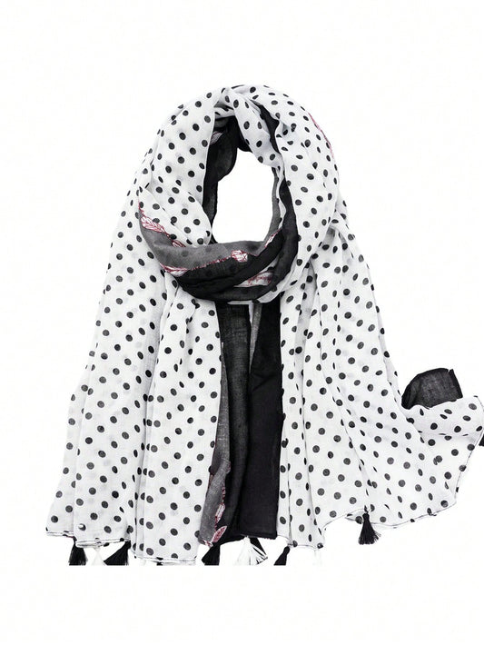 Scarf decorated with various prints in the form of dots, leaves and strings. Suitable for all seasons and protects from wind and sunlight. Suitable for daily wear and decoration.