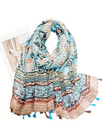 Women's casual lightweight soft color block print scarf with hem, suitable for daily wear and bohemian decoration.