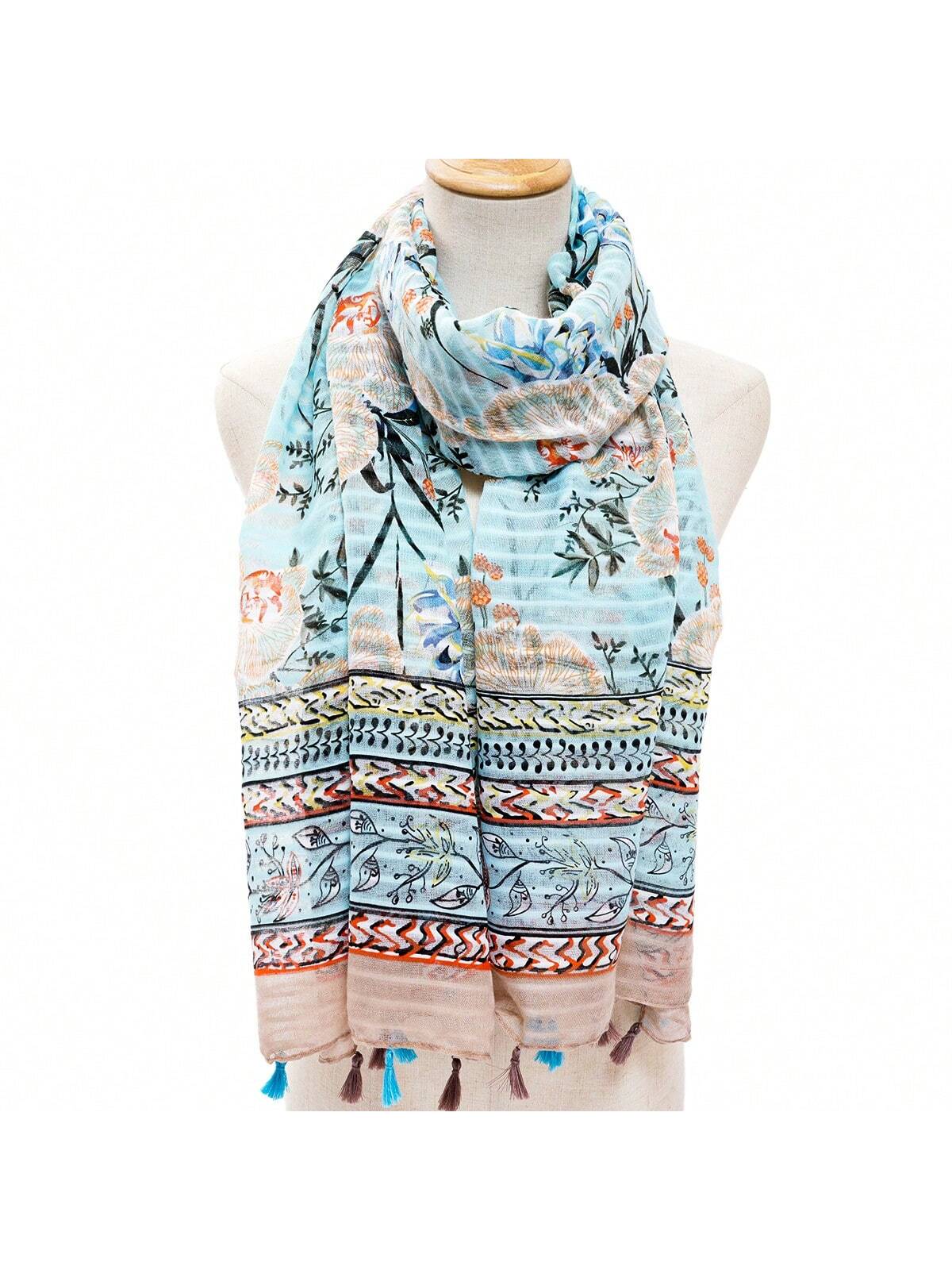 Women's light and soft casual stripe color combination print scarf, with hem, suitable for daily wear and bohemian decoration.