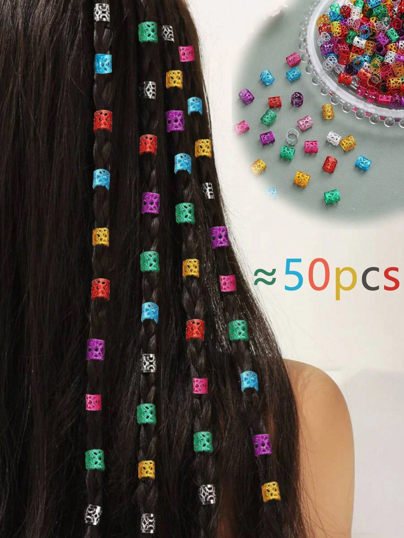 50 Pieces Colorful Braid Hair Accessories Empty Aluminum Alloy Hair Bands for Girls Women Moms Punk Boho Style
