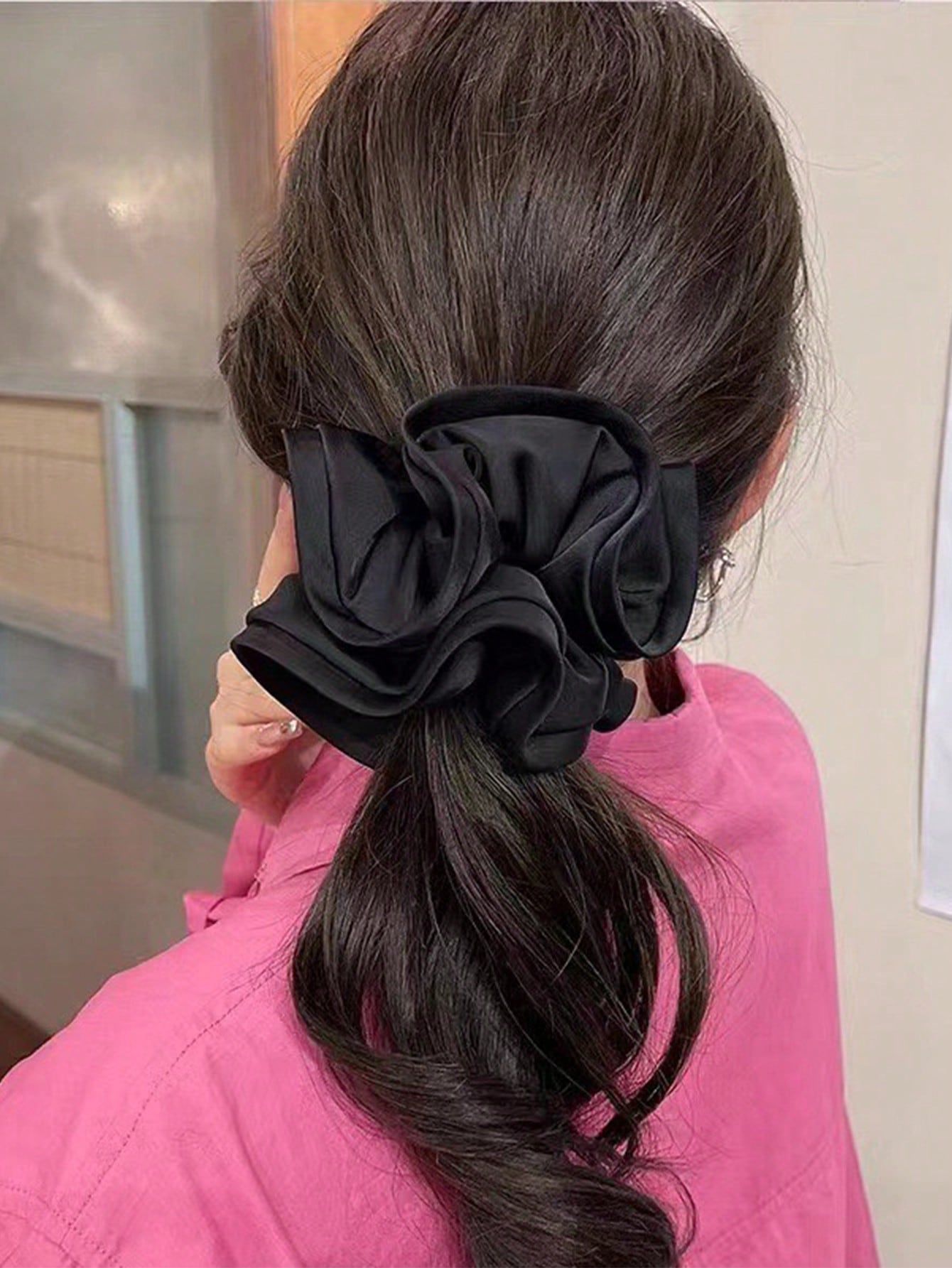 Elegant Black French Design Hair Band with Large Silk Bow Ear Design for Hair Black