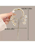 مشبك شعر فاخر من سبائك الألومنيوم بنقش دقيق من الفراشة المفرغة والزهور واللؤلؤ الصناعي، مشبك شعر بهيئة كريستالية جذابة وكرات معدنية متدرجة