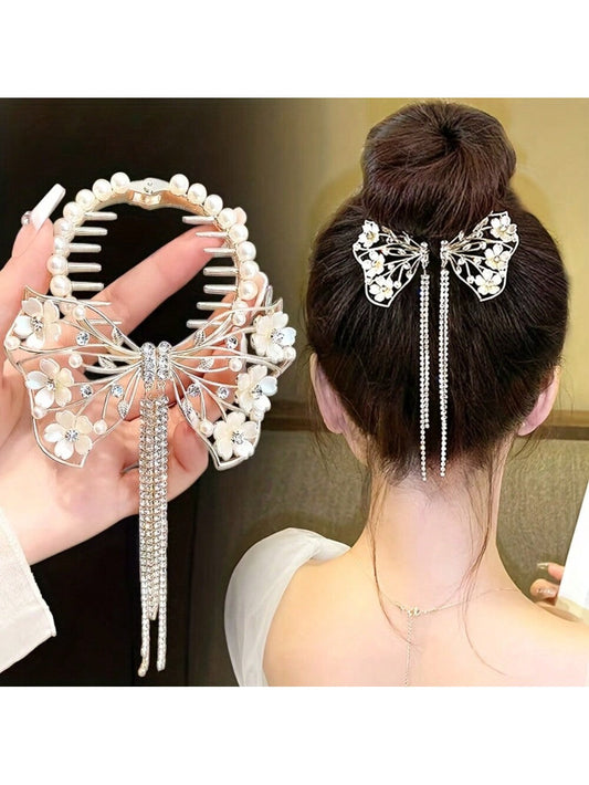 Luxury Aluminum Alloy Hair Clip With Delicate Hollow Out Butterfly Flower Artificial Pearl Hair Clip Attractive Crystal Shape Metal Balls Dangling Hair Clip