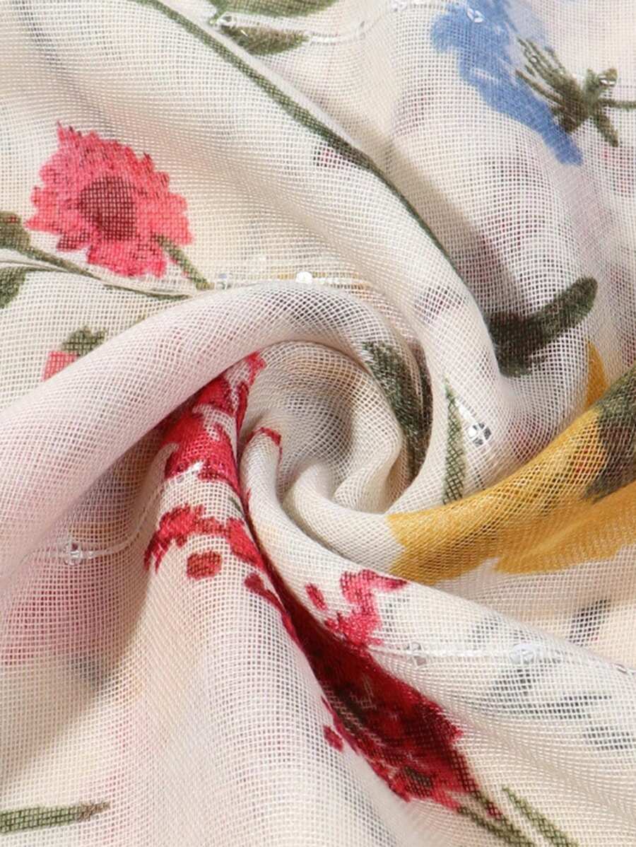 New women's scarf for autumn and winter, decorated with black beads, colorful flowers and hand-woven hem to create a warm atmosphere