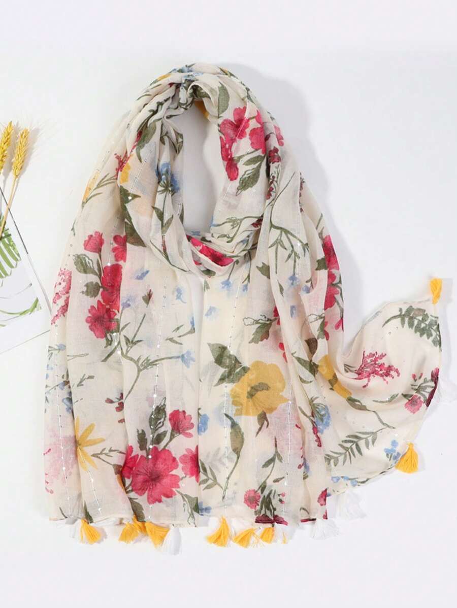 New women's scarf for autumn and winter, decorated with black beads, colorful flowers and hand-woven hem to create a warm atmosphere