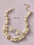Luxury 3-piece dome neck jewelry set with fine zircon and faux pearls: necklace and stud earrings, suitable for formal and wedding use