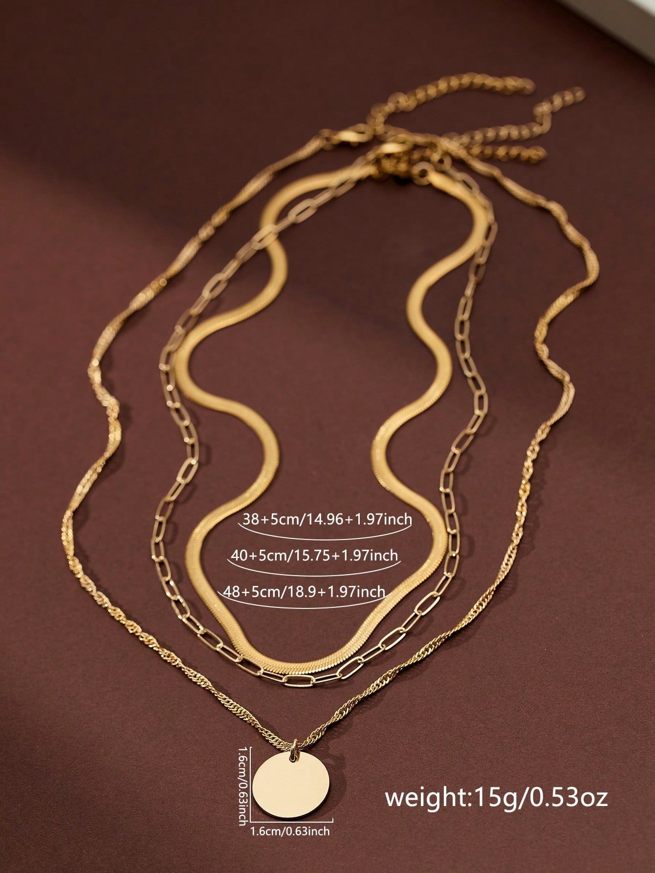 3 pieces of seamlessly designed stainless steel reinforced gold metal necklaces featuring flat and round decorative chains in shiny gold tone, with a gold square clasp, suitable for women to wear during holidays and parties