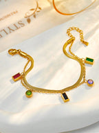 سوار سلسلة كريستال دوبامين مزدوج المستوى واسع النطاق ومتعدد الألوان بفصوص وفولاذ من الفولاذ المقاوم للصدأ للنساء، مناسب للارتداء اليومي.