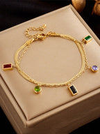 سوار سلسلة كريستال دوبامين مزدوج المستوى واسع النطاق ومتعدد الألوان بفصوص وفولاذ من الفولاذ المقاوم للصدأ للنساء، مناسب للارتداء اليومي.