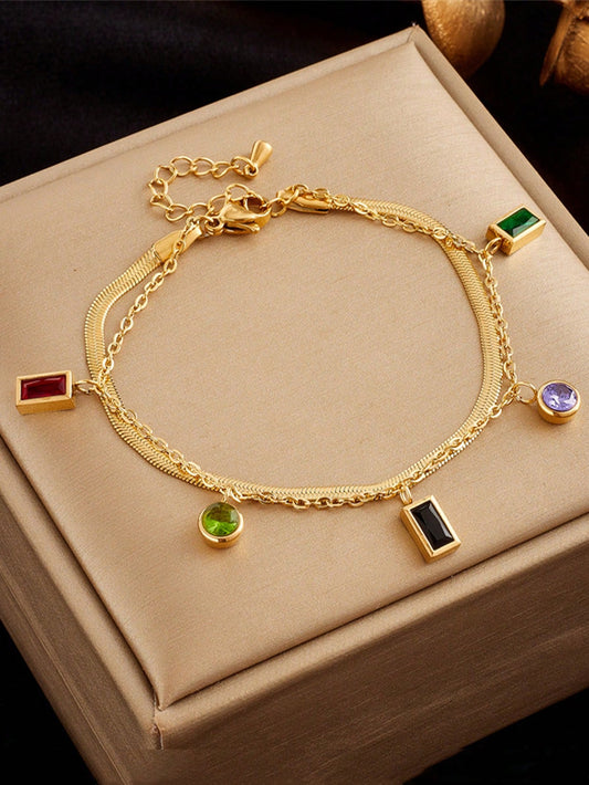 Wide range multi-color bezel double level crystal dopamine chain bracelet and stainless steel for women, suitable for daily wear.