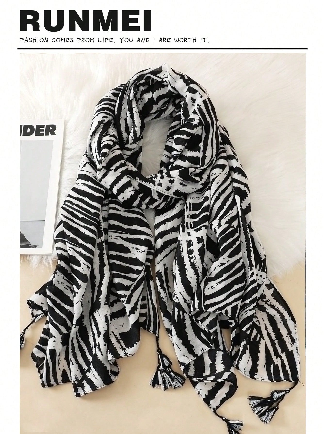 Zebra stripe print scarf with tassel trim