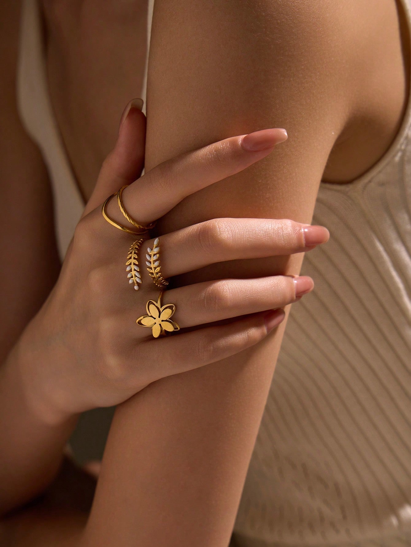 Golden ring set, yellow color, stainless steel, wheat, ears, leaves / flower, basic style, ladies, 3 pieces