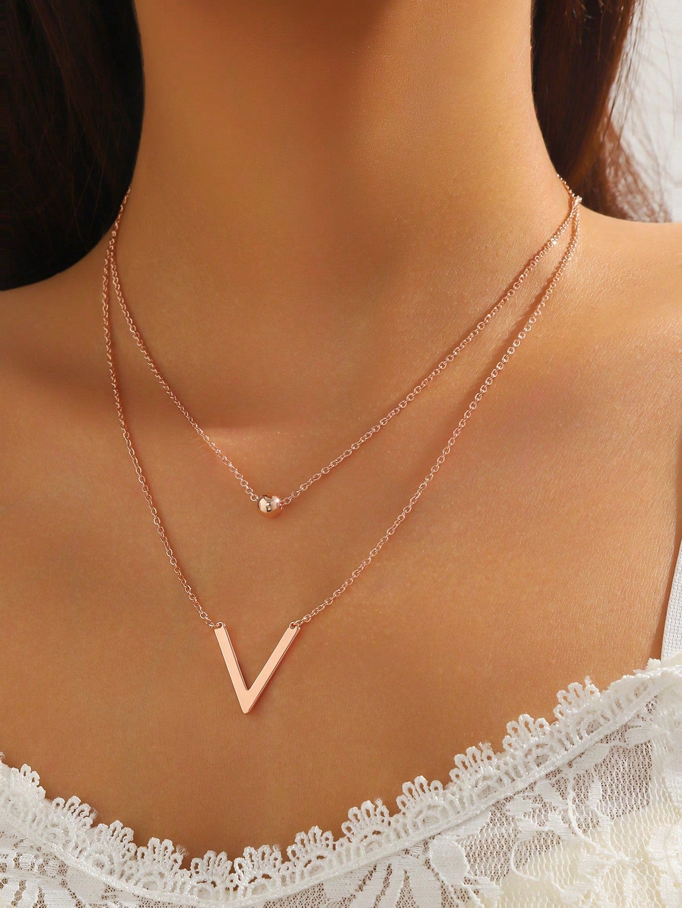Fashion Layered Necklace Stainless Steel Letter & Bead Pendant for Women Daily Decoration 1pc