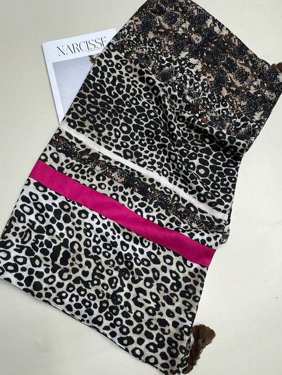 1pc Simple Leopard Print Square Hijab, Elegant Women's Silk Scarf with Tassels, Sun Protection Scarf for Autumn and Winter