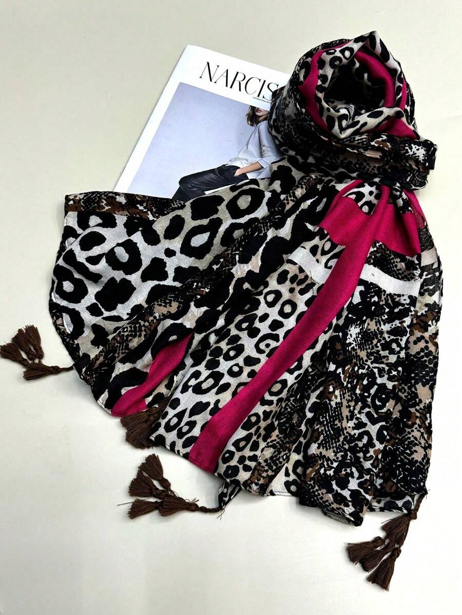 1pc Simple Leopard Print Square Hijab, Elegant Women's Silk Scarf with Tassels, Sun Protection Scarf for Autumn and Winter