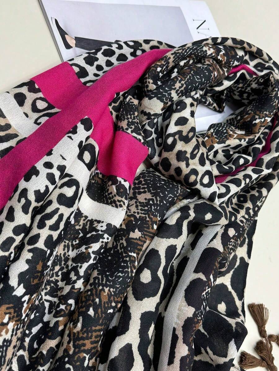 1pc Simple Leopard Print Square Hijab, Elegant Women's Silk Scarf with Tassels, Sun Protection Scarf for Autumn and Winter